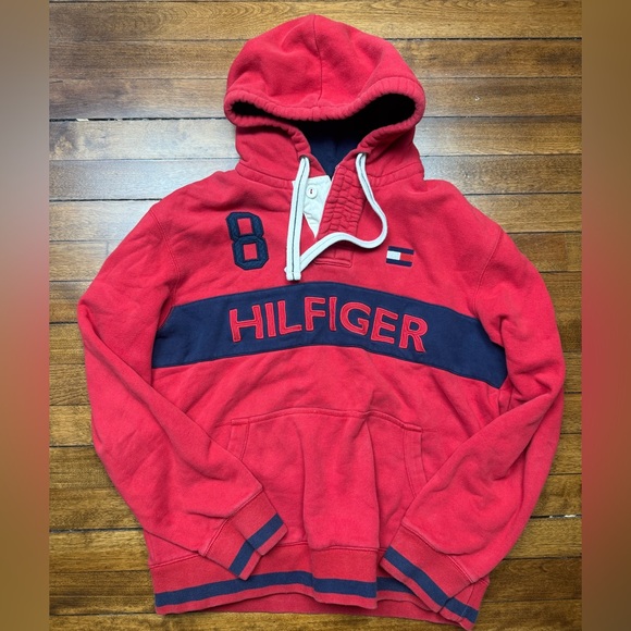 Tommy Hilfiger Other - Y2K Tommy Hilfiger Rugby Red and Navy Men's Hoodie Size Large